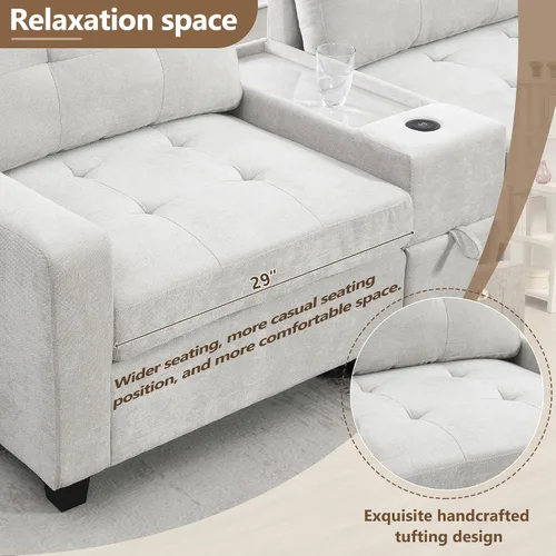 Vista 4 de Sofá modular de 103 pulgadas con 2 consolas acrílicas, juego de sofá en forma de U de gran tamaño con cargador USB, cajones de almacenamiento, Beige