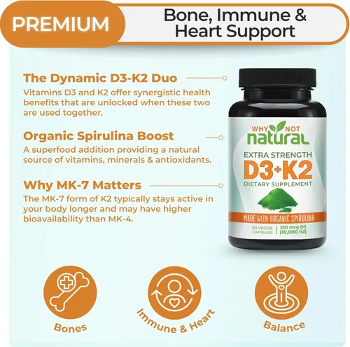 Vista 2 de Why Not Natural Vitamina D3 K2 (MK-7) con espirulina orgánica, suplemento extra fuerte de 10000 UI en cápsulas vegetales, apoya la salud ósea