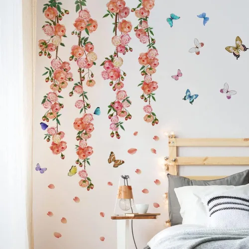 Vista 2 de Runtoo Calcomanías artísticas de pared de rosas de vid de flores, calcomanías de pared florales de peonía para sala de estar, dormitorio de niñas