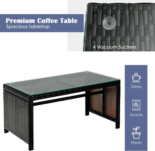 Vista 6 de Tangkula Juego de muebles de ratán de 4 piezas, juego de conversación al aire libre con silla, sofá biplaza y mesa de centro de vidrio templado