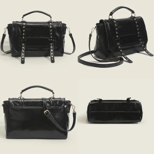Vista 3 de Downupdown Bolso de mensajero vintage para mujer, bolso de cuero de cera de aceite, bolso de hombro con asa superior, bolso cruzado