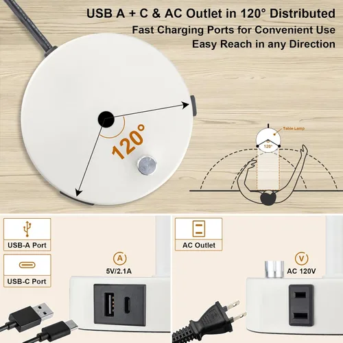 Vista 4 de LTBLIGHT Lámpara de mesita de noche con puerto USB + salida de CA, lámpara de escritorio regulable de 3 vías, lámpara pequeña de base blanca