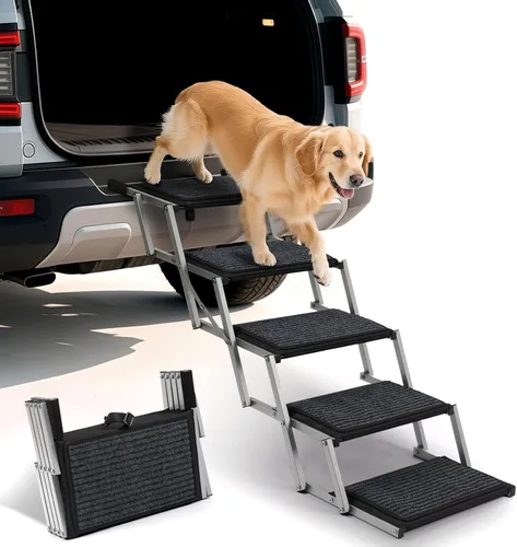 Vista 12 de Escaleras plegables para perros grandes, con superficie antideslizante, rampa ligera con capacidad para hasta 250 libras, 5 escalones