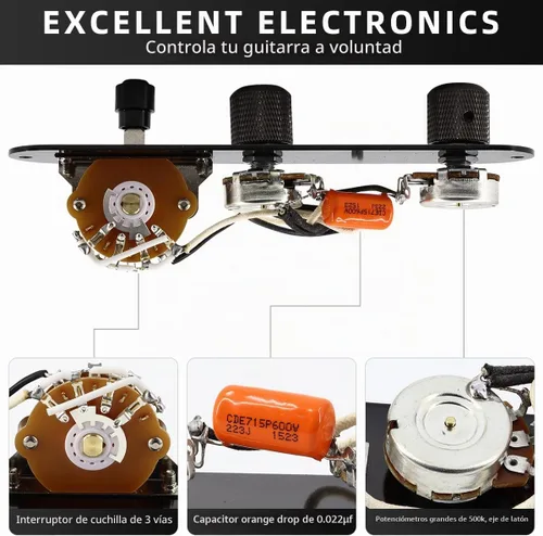 Vista 5 de Placa de Control Cargada para Guitarra Eléctrica Telecaster Precableada Interruptor de 3 Vías Potenciómetros 500K Botón de Tono y Volumen con Arnés