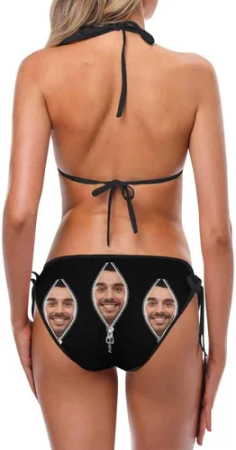 Vista 6 de Conjuntos de bikini personalizados para mujer, traje de baño triangular halter con cara, traje de baño sexy personalizado con lazo lateral
