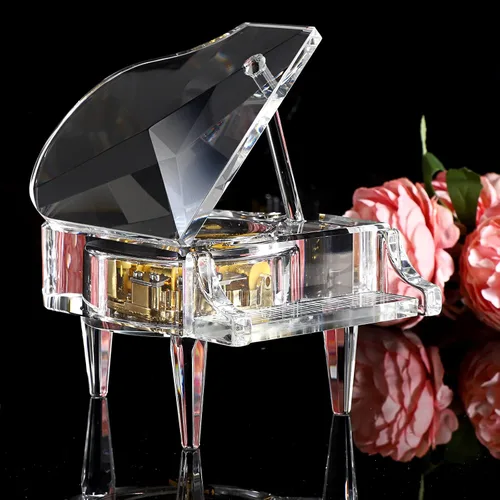 Vista 8 de Caja musical de cristal ELLDOO, caja musical decorativa de relojería con forma de piano, adorno de piano transparente, regalo romántico para niñas