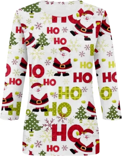 Vista 2 de Camisetas de Navidad más propensas a la moda, casual, cuello redondo, manga 34, holgada, con estampado navideño, para mujer
