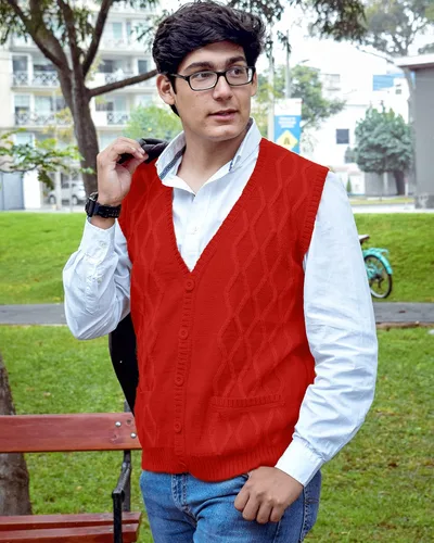 Vista 2 de TINKUY Chaleco peruano de lana de alpaca con cuello en V para hombre, S-4XL