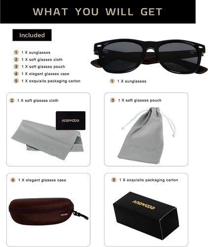 Vista 6 de ANDWOOD Gafas de sol de madera polarizadas para hombres y mujeres, protección UV, marco de bambú de madera, gafas de sol espejadas