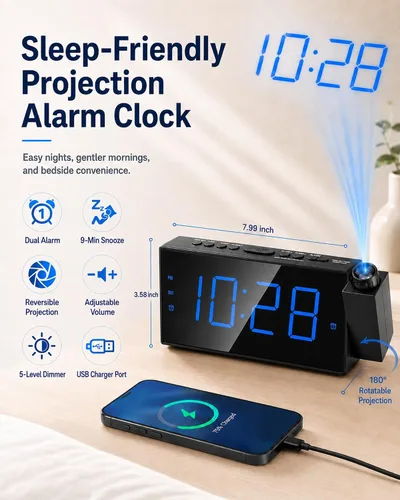 Vista 2 de OnLyee Reloj despertador de proyección para dormitorio, LED digital en techo y pared con carga USB para teléfono, respaldo de batería, proyector