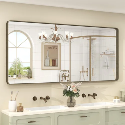 Vista 64 de Paquete de 2 espejos de baño con marco de metal negro de 22 x 30 pulgadas, espejo rectangular redondeado negro mate, antioxidante, se cuelga