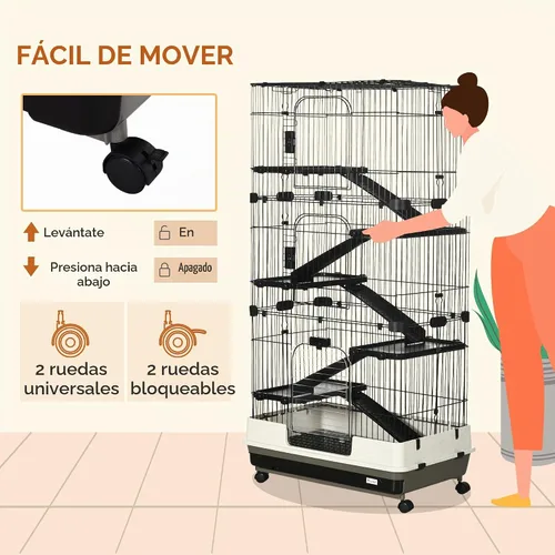 Vista 4 de Jaula para animales pequeños de 6 niveles PawHut con ruedas, bandeja extraíble, plataforma y rampa para conejos, chinchillas, hurones, color negro
