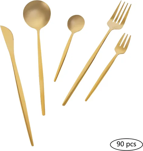 Vista 2 de Luxury Gold - Juego de 18 cubiertos de acero inoxidable, 90 piezas, apto para lavavajillas
