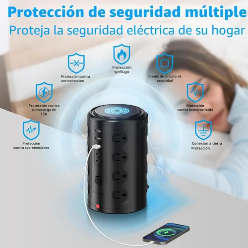Vista 2 de Regleta protectora de sobretensiones, estación de carga de escritorio con cargador inalámbrico de 15 W, estación de carga de múltiples salidas