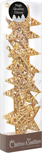 Vista 2 de Christmas Traditions Adornos de estrella de ratán dorado con purpurina 3D de 4 pulgadas para colgar en árbol/regalos de Navidad, decoración de mesa