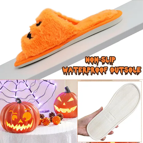 Vista 2 de Lopbraa Pantuflas de calabaza de Halloween mullidas de demonio, pantuflas de murciélago de felpa suave para interiores y exteriores, para mujeres