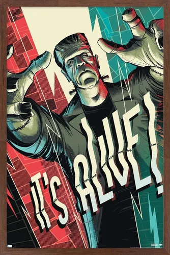 Vista 17 de Frankenstein - Póster de pared It's Alive by César Moreno, 22.4 pulgadas de largo x 14.7 pulgadas de ancho, versión enmarcada en madera de granero