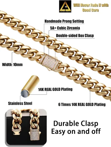 Vista 3 de Cadena de eslabones cubanos Miami de 10/12mm, chapado en oro real de 14 quilates, collar de acero inoxidable de alta calidad, joyería hip-hop