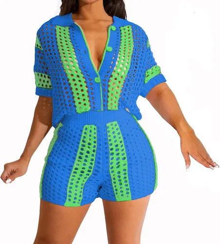 Vista 7 de VOIKERDR Crochet Sets Two Piece Women Hollow Out Shirt and Shorts Todo negro