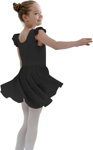 Vista 5 de iLover Vestido de leotardo clásico con tutú y mangas con volantes para niñas, para danza, gimnasia y ballet Negro