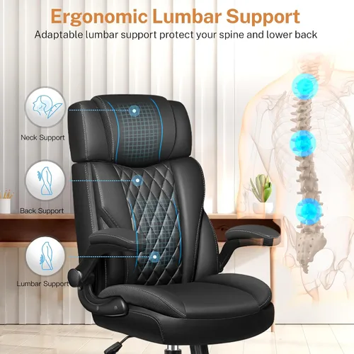Vista 4 de Office Chair Flip Up Arms, Executive Leather Office Chair Ergonomic Desk Chair with Lumbar Support, Adjustable Headrest, Computer Chair Home Office