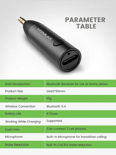 Vista 6 de HVMLAK Adaptador Bluetooth 5.3 Aux para Coche con Micrófono Mejorado, Jack de 3.5mm para Estéreo de Coche y Hogar, Carga USB-C, Estuche Resistente