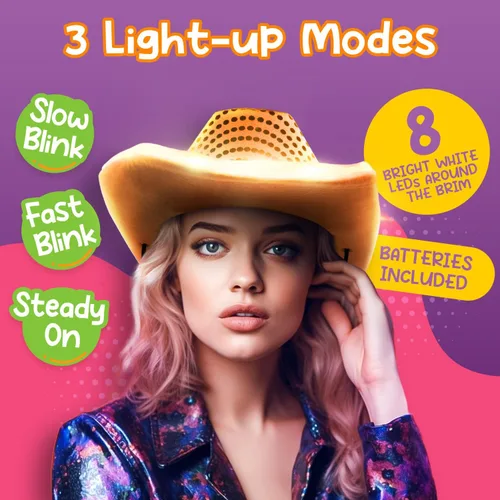 Vista 2 de Windy City Novelties Sombrero de vaquero de lentejuelas con luz LED