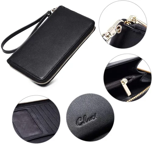 Vista 8 de CLUCI Cartera de mujer grande de cuero diseñador cremallera alrededor titular de la tarjeta de viaje embrague muñeca negro paquetes con mujer cuero