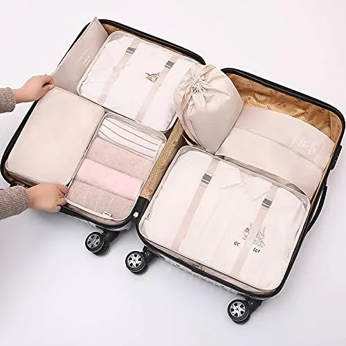 Vista 2 de Paquete de 8 cubos de embalaje para maletas, bolsa de almacenamiento de ropa y zapatos (beige)