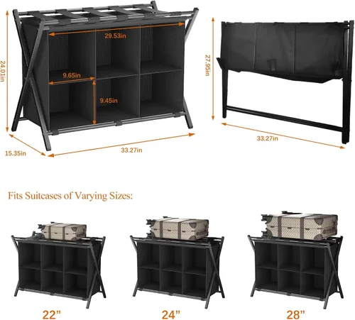 Vista 2 de Huhote Portaequipajes para habitación de invitados, soporte plegable para maleta con estante de almacenamiento de tela de 6 cubos, soporte