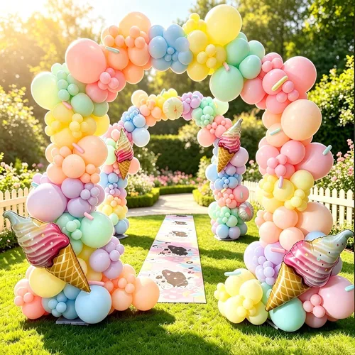 Vista 4 de Kit de arco de globos de helado – Juego de 142 guirnaldas de globos pastel con globo de Mylar de aluminio de helado de 37 pulgadas, globos torcidos