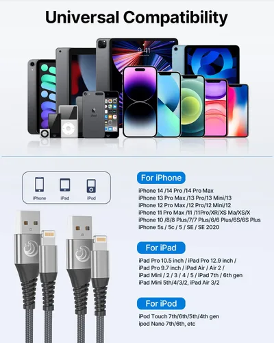 Vista 6 de Cargador para iPhone [certificado Apple MFi] Paquete de 2 cables Lightning de 10 pies de largo, cable de carga rápida de nailon trenzado