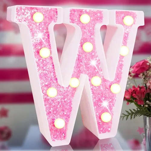 Vista 14 de Letras rosas iluminadas con purpurina, letras del alfabeto rosas, letreros de luces LED en marquesina rosas con batería para iluminación nocturna