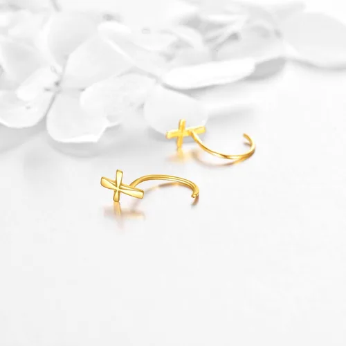 Vista 4 de Aretes de aro de medio aro de 14 quilates de oro macizo, aretes de aro Huggie para mujeres y niñas