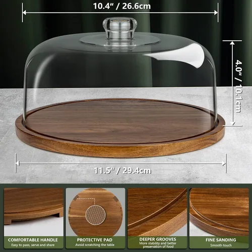Vista 6 de ANBOXIT Soporte para pasteles con tapa de cúpula, plato de madera de acacia con tapa, soporte de exhibición de pastel de madera con cúpula acrílica