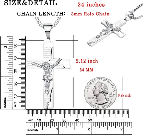 Vista 6 de YL Collar de cruz de acero inoxidable con colgante de crucifijo para hombre cadena Rolo de Jesucristo joyería de oración del Señor
