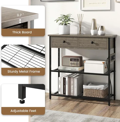 Vista 14 de GIANTEX - Mesa consola industrial con tomacorrientes, mesa de entrada estrecha de 3 niveles Long Sofa Table w/ USB Ports, 2 Storage Drawers, Entry