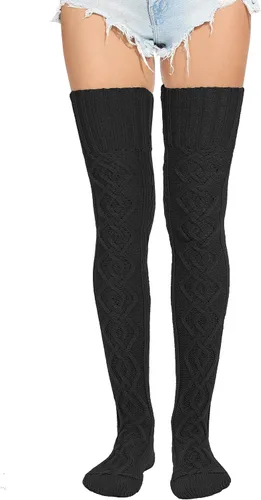 Vista 3 de HYTENSUN Calcetines altos de punto para mujer, calcetines altos gruesos por encima de la rodilla, calcetines de tubo de ganchillo, calentadores