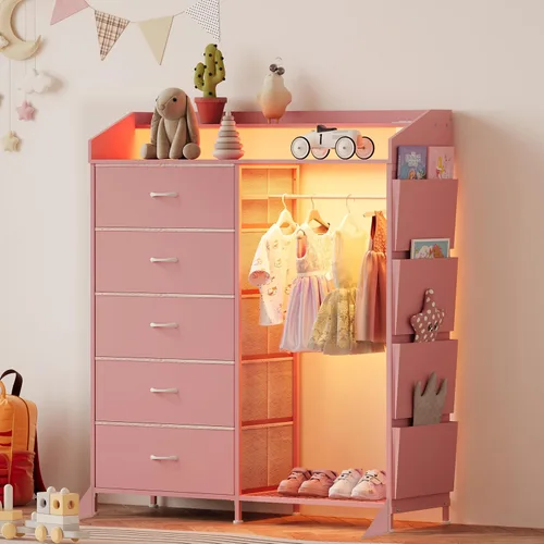Vista 12 de LUMTOK - Cómoda con estante para colgar, 5 cajones de tela y bolsillo lateral para dormitorio 2 in 1 Black 5 Drawers Dresser with LED&Charging