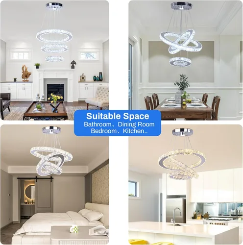 Vista 4 de Candelabro LED de cristal con iluminación regulable LED moderna lámpara de techo de 3 anillos ajustable de acero inoxidable para dormitorios y sala