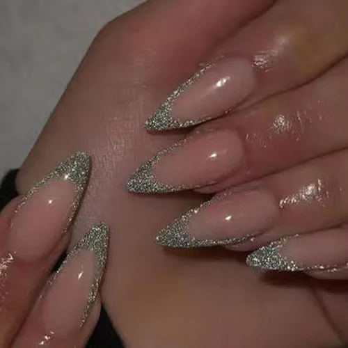 Vista 11 de 24 unidades de uñas postizas largas estilo ataúd CEWEWP con punta francesa marrón, uñas falsas rosas con pegamento, uñas falsas con diseños
