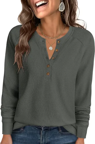 Vista 23 de ANRABESS Camisas de manga larga Henley de punto gofre para mujer Negro