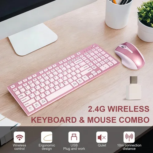 Vista 2 de Juego de teclado y mouse inalámbricos, 2.4G USB silencioso ultrafino compacto de tamaño completo, compatible con PC, Windows, Mac, MacBook (oro rosa)