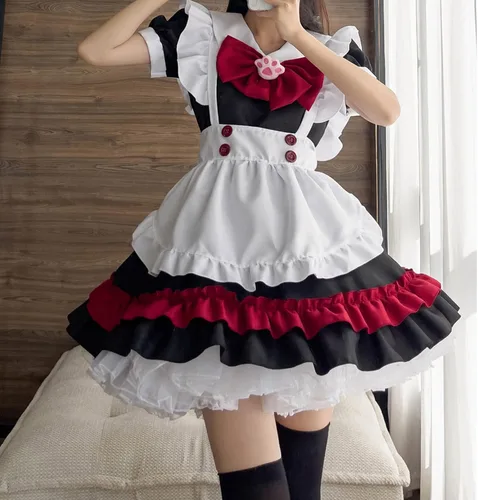 Vista 8 de Disfraz de sirvienta francesa sexy de Halloween de Lolita gótica negra y roja, disfraz de cosplay de anime para gatos y niñas Lolita, XXS