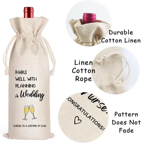 Vista 3 de LANBAIHE Regalos de boda Bolsa de vino, parejas de boda, regalo de novia y novio, bolsa de vino reutilizable de lino