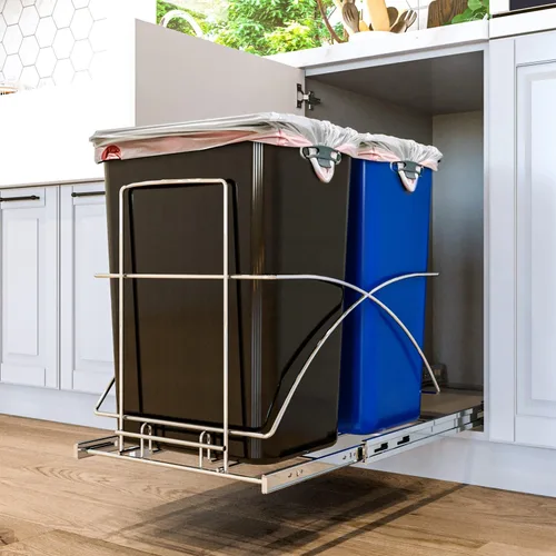 Vista 7 de Home Zone Living Bote de basura de cocina doble extraíble de 15 galones para reciclaje y basura, diseño debajo del fregadero en el gabinete