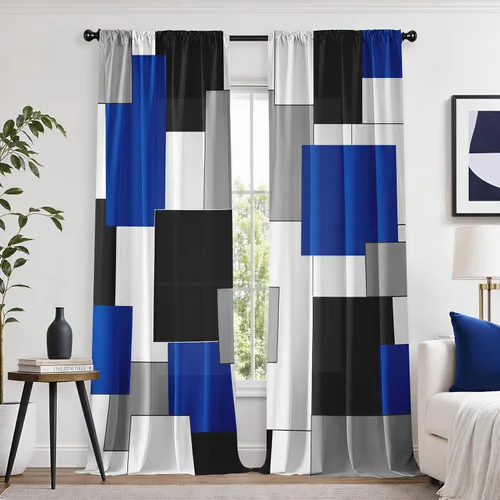 Vista 10 de Cortinas negras y grises para sala de estar, 63 pulgadas de largo, cortinas geométricas modernas, negras, blancas, grises, abstractas, con bolsillo