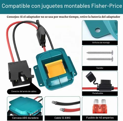 Vista 4 de Adaptador de corriente para ruedas de batería Makita 18V LXT con conector de arnés de cables y portafusibles compatible con ruedas de batería de 12