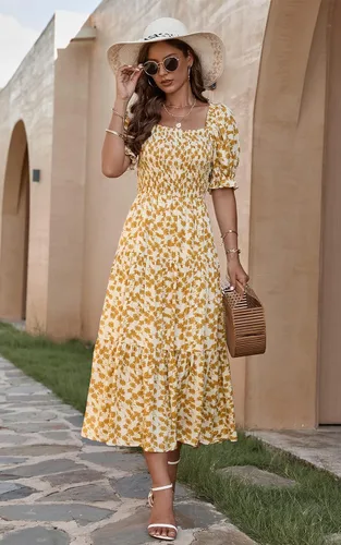 Vista 8 de PRETTYGARDEN Vestidos de verano con estampado floral bohemio para mujer, cuello cuadrado, manga abombada, acampanado, vestido largo casual fruncido