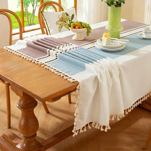 Vista 2 de Pahajim Mantel Rectangular a Rayas con Borlas Mantel Grueso de Lino y Algodón para Picnic al Aire Libre, Comedor y Decoración de Cocina para Fiestas
